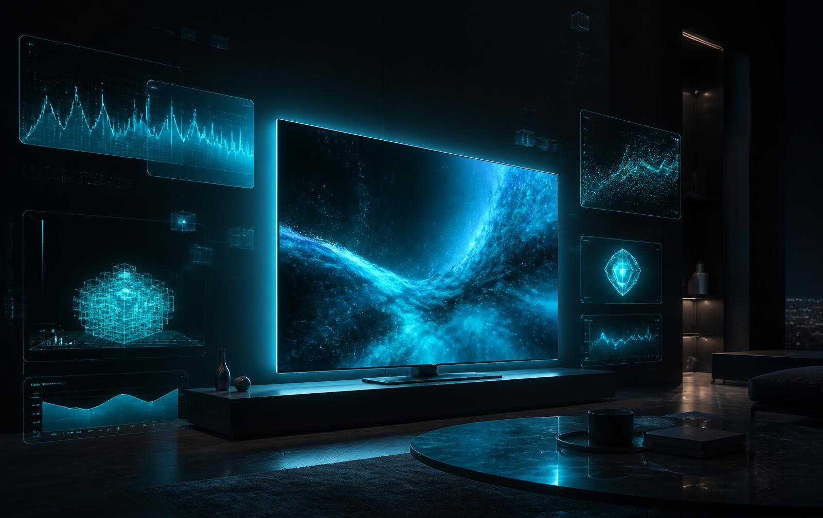Smart TV moderna exibindo a interface de um serviço de IPTV em ambiente escuro